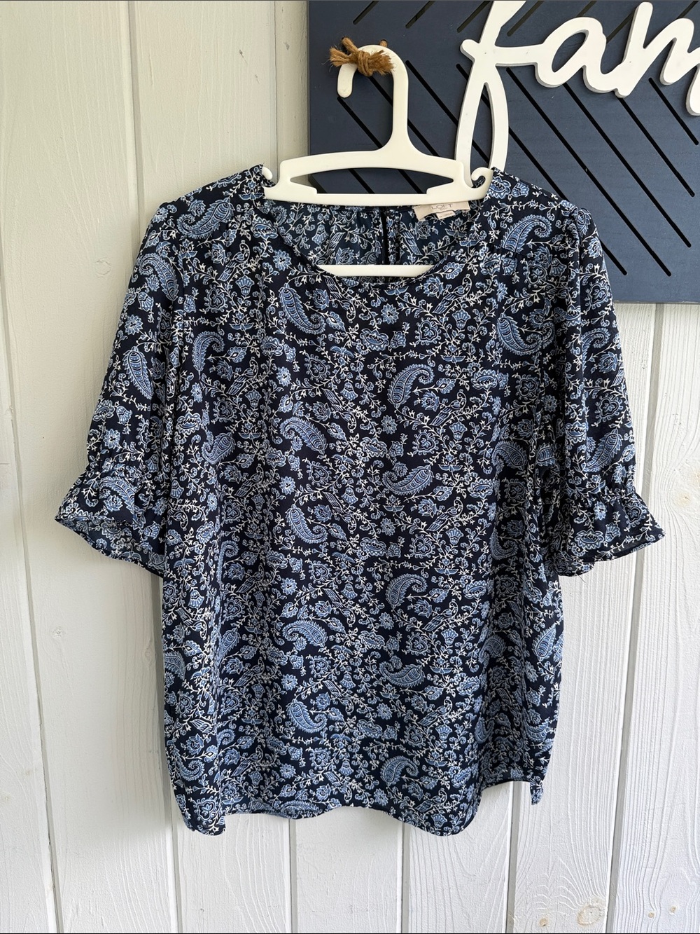 LOFT Navy and Light Blue Paisley Short Sleeve Blouse
